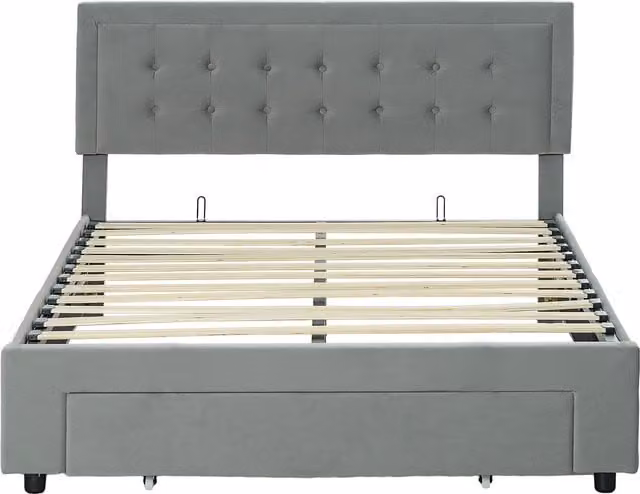 HOMCOM Double Size Grey Velvet Ottoman Bed Frame with Lift-Up Base and Front Drawer, W: 140 cm, D: 200 cm, H: 193.5 cm