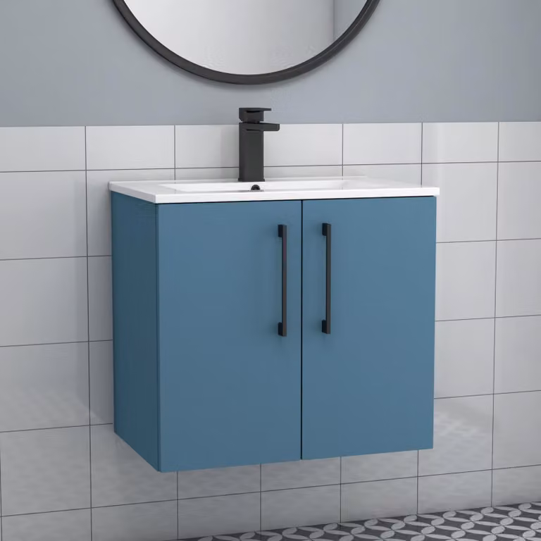 Royal Bathrooms Modena 800mm Wall Hung Vanity Unit in Satin Blue with 2 Doors and Black Handles