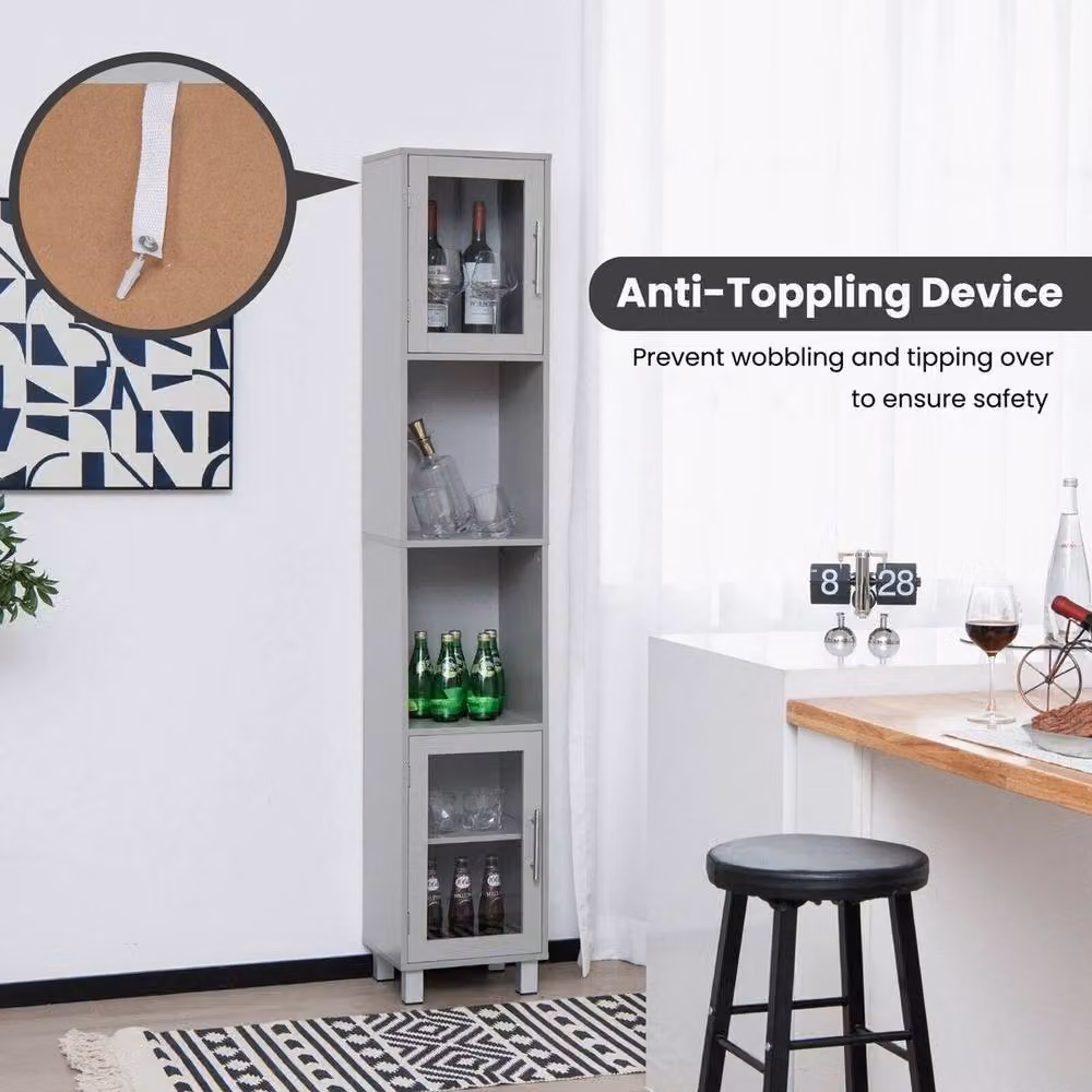 Kelvenix Modern Slim Free-Standing Tall Bathroom Cabinet in Grey with Glass Doors and Internal Shelves, H: 180 cm – 3