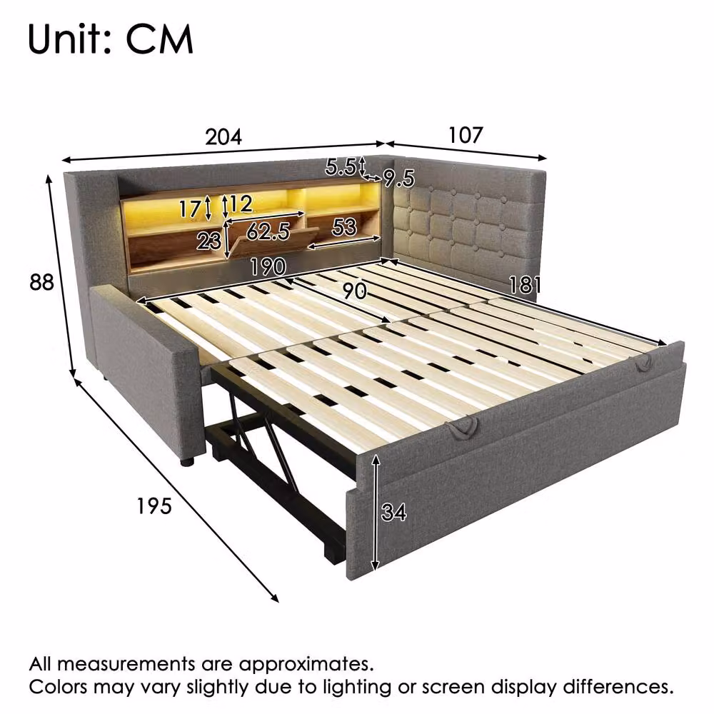 ModernLuxe Upholstered Single Daybed in Grey with Headboard Storage, Side Compartments and Pull Out Trundle Bed, W/D/H: 90 x 190 x 107 cm – 2