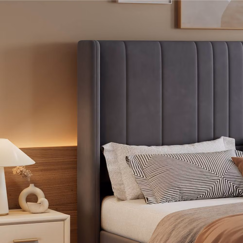 BTM Double Ottoman Bed with LED Under-Bed Lighting, Grey Velvet Upholstered Frame, W/D/H: 140 x 190 x 46.6 cm – 7