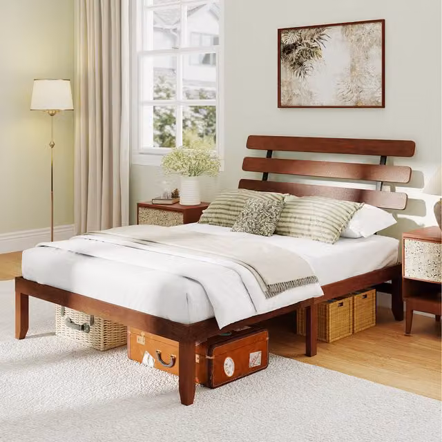 Costway Solid Wood Platform Bed with Retro Headboard in Brown, W/D/H: 180 x 200 cm