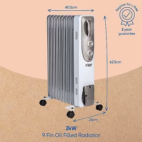 Russell Hobbs 2000W White Oil Filled Radiator with Adjustable Thermostat and Overheat Protection – 2