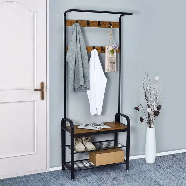 EONLION Industrial Style Hall Tree with Shoe Bench and 9 Removable Hooks, Brown