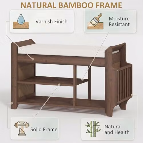 HOMCOM Modern Shoe Bench and Hallway Shoe Rack with Cushioned Seat in Brown and Beige, W/D/H: 80 x 30 x 50 cm – 3
