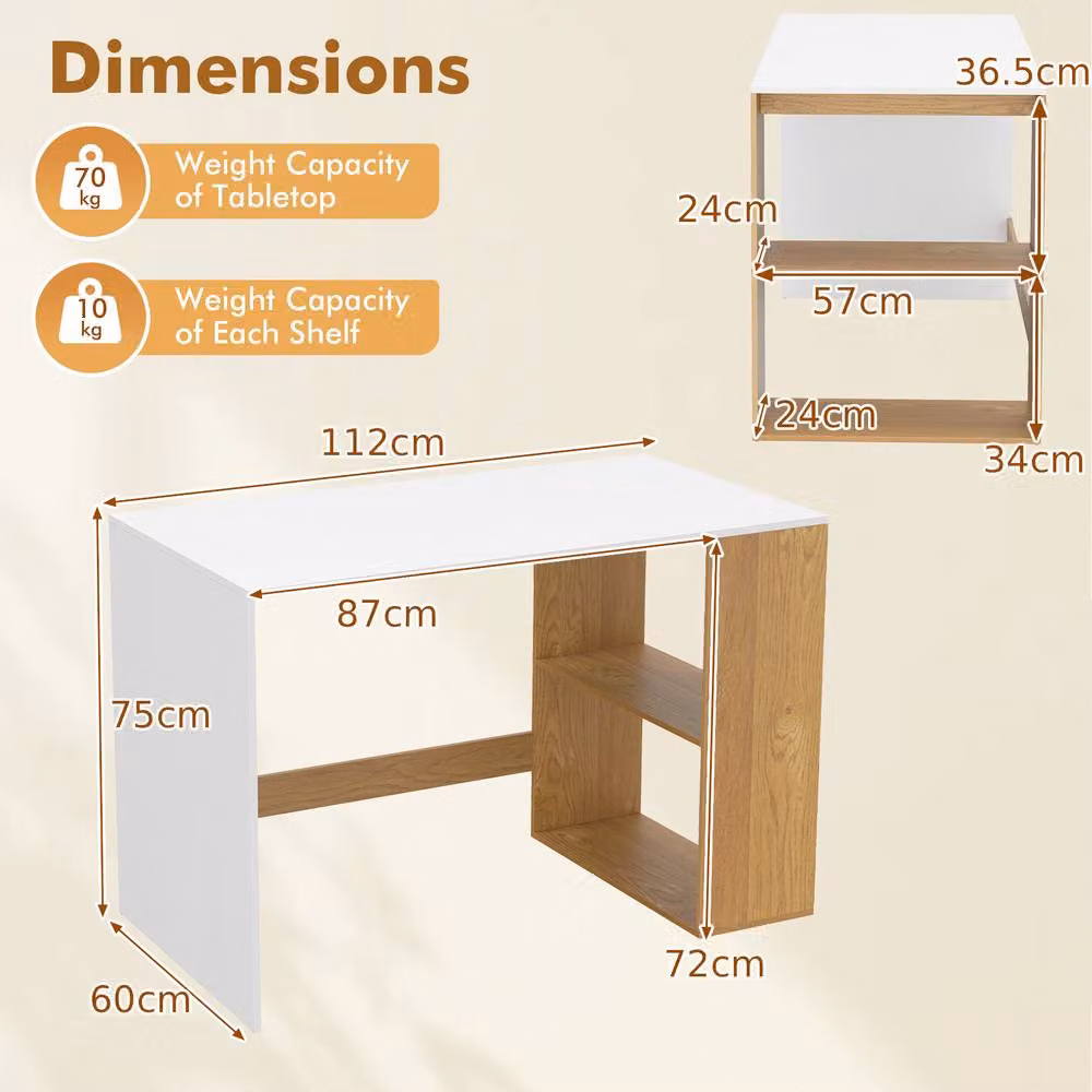 Gymax Wooden Writing Desk with 2 Open Shelves and Legroom in White – 2