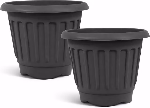 Simpa Set of 2 Round Chunky Black Plastic Planter Tubs, Diameter: 30 cm