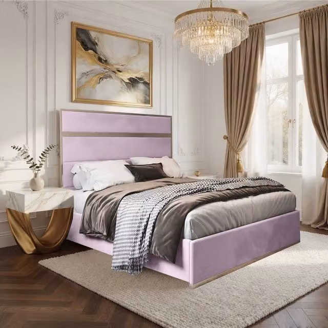 Casani Fladbury Upholstered Velvet Designer Bed Frame in Pink, W/D/H: 180 x 200 cm – 1