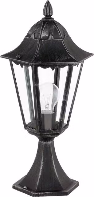 Loops IP44 Outdoor Pedestal Lantern in Black and Silver Patina Aluminium with Transparent Glass and E27 Bulb Compatibility