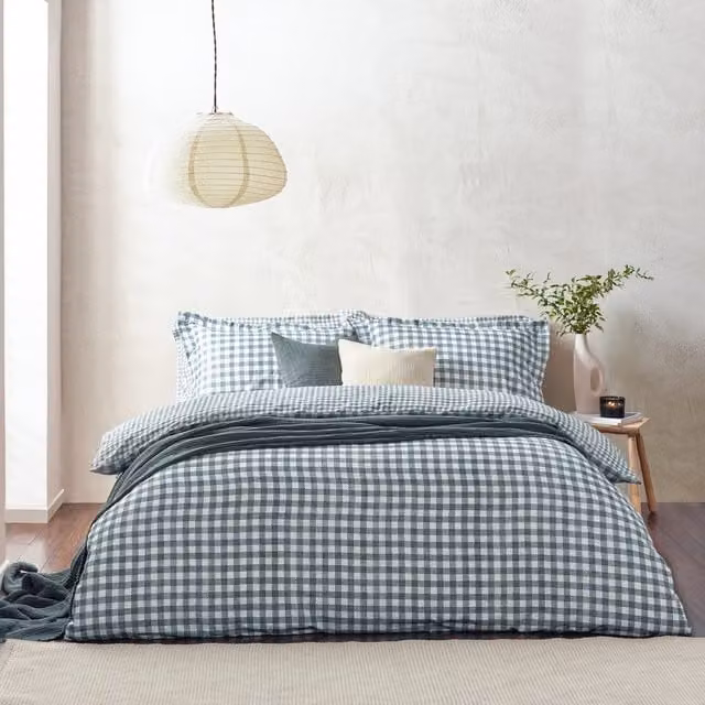 Barton Gingham Check Reversible Cotton Duvet Cover and Pillowcase Set in Blue, W: 200 cm x L: 200 cm