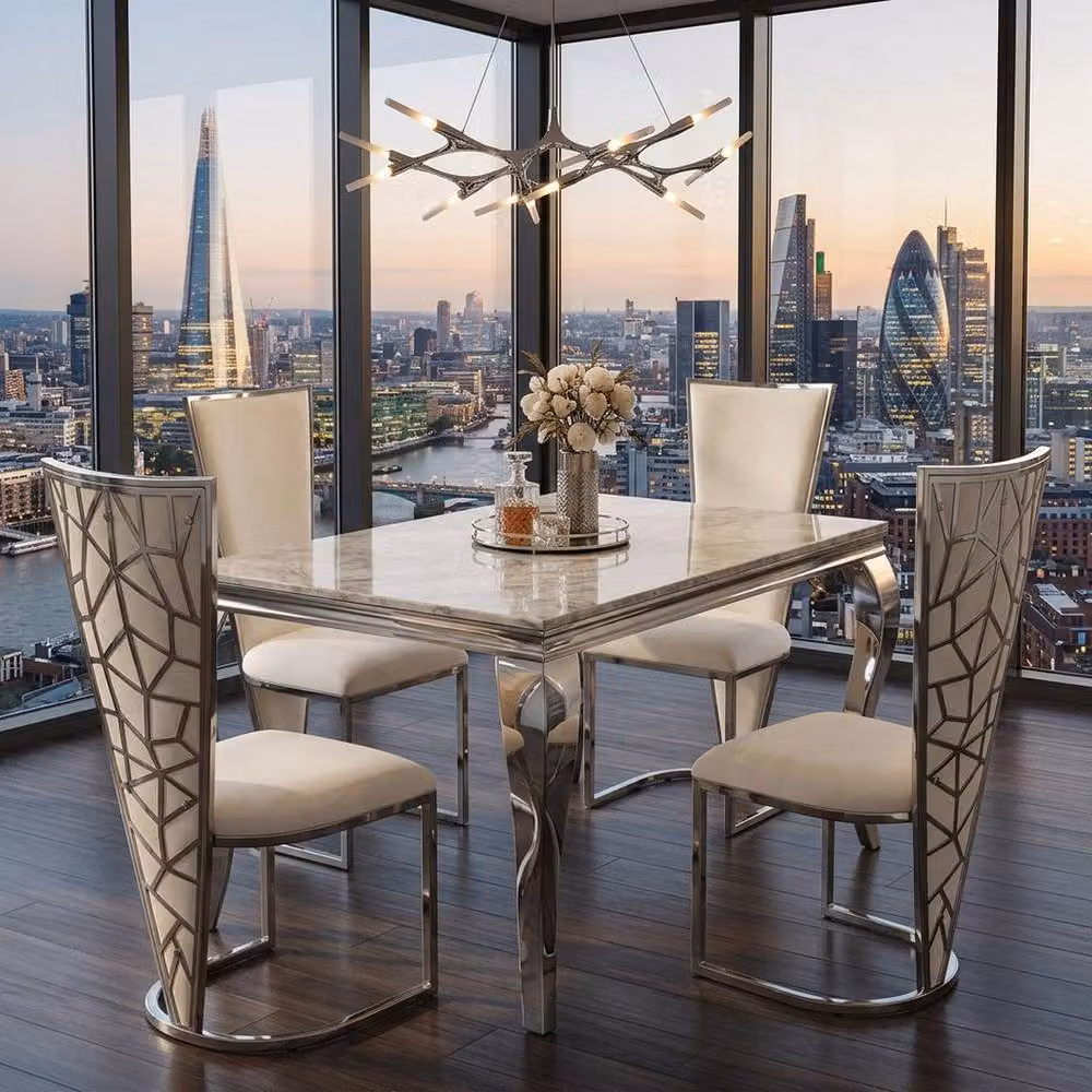 Home Luxe Interior Grey Marble Dining Table and 4 Vienna Cream Silver Chairs Set – 3
