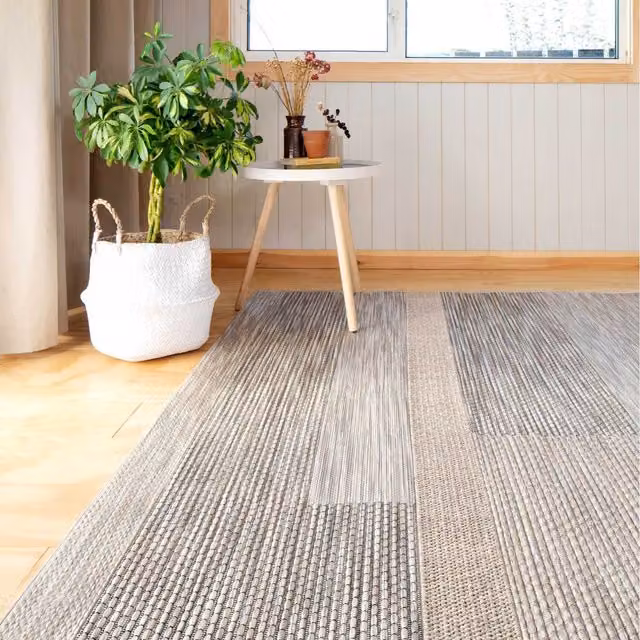 The Rug House Striped Moroccan Flatweave Indoor Outdoor Weatherproof Rug in Beige and Grey, W: 150 cm, D: 80 cm