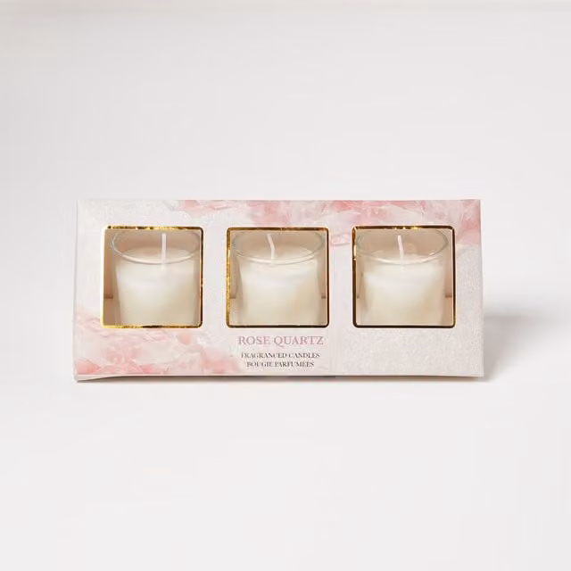 Homescapes Rose Quartz Rose and Eucalyptus Crystal Scented Votive Candle Set, Pack of 3, Pink and White