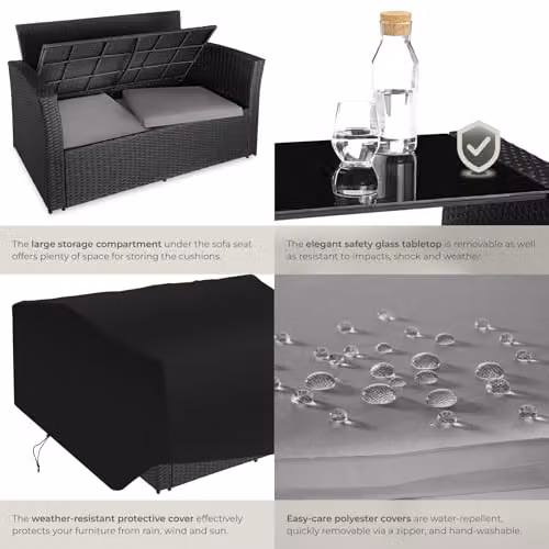 tectake Rattan Garden Furniture Set in Black and Grey with 2-Seater Sofa, Coffee Table, Armchairs, and Ottoman with Upholstered Cushions – 5