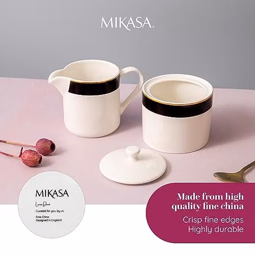 Mikasa Luxe Deco White and Gold Geometric Bone China Sugar and Creamer Set, 2 Piece – 4