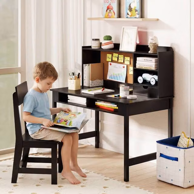CASART Kids Wooden Study Table and Chair Set with Hutch and Shelves in Black