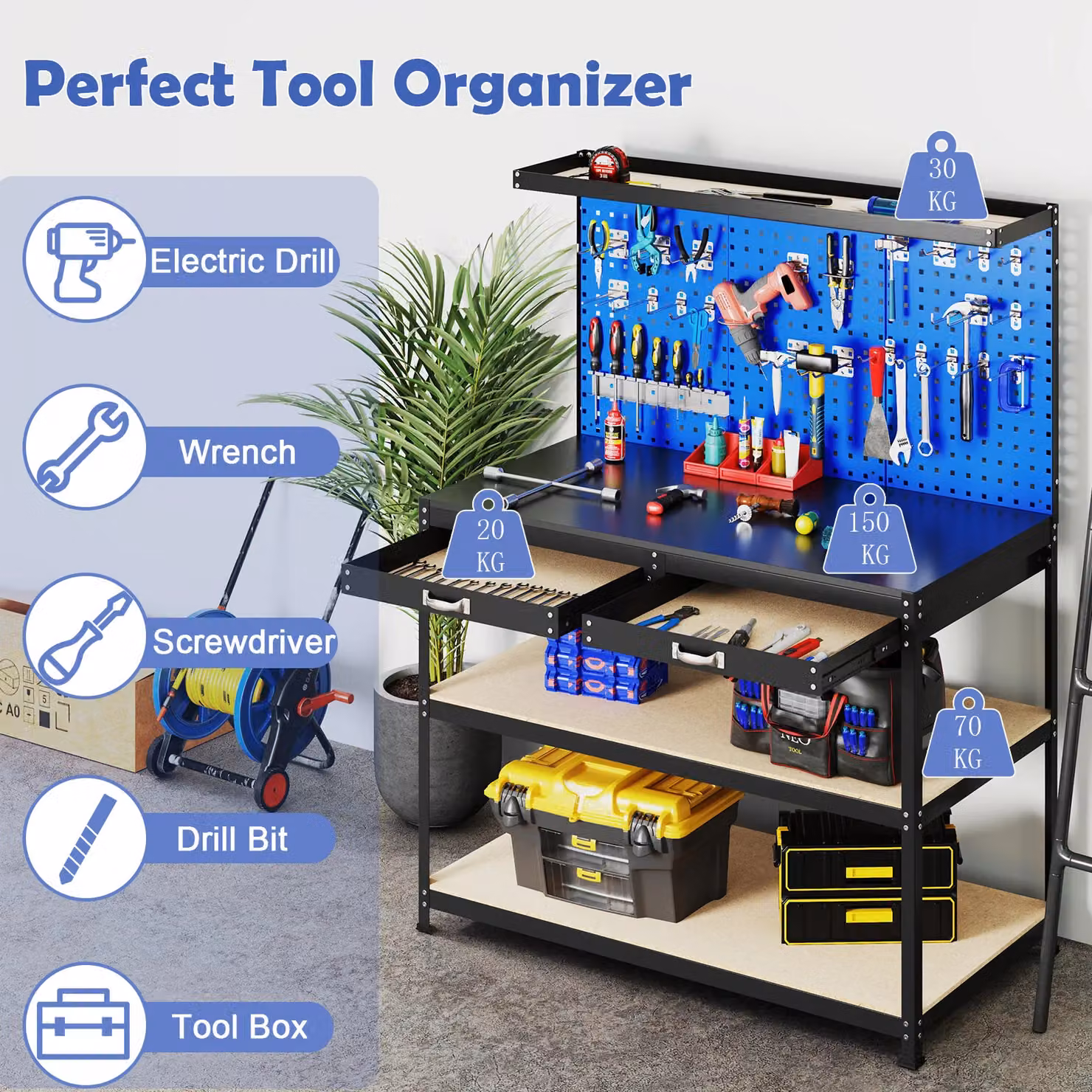 Gymax Metal Workbench with Large Pegboard and Shelves, Blue, W: 121 cm, D: 61 cm, H: 156 cm – 3