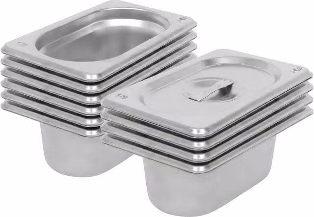 Argon Tableware Stainless Steel Gastronorm Containers with Loose Lids, 1/9 Size, 500ml, Set of 10, Silver – 2