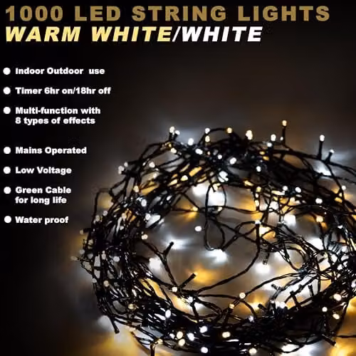 Shatchi 1000 LED Christmas Tree Fairy String Lights, 100m, Warm White, with Timer and Waterproof IP44 Rating – 2