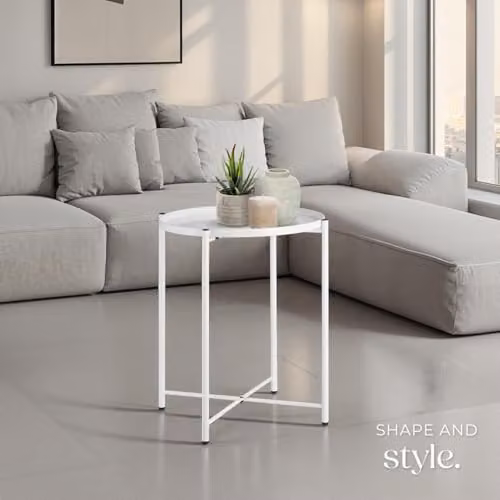 tectake Round Minimalist Side Table in White with Height-Adjustable Feet, W/D/H: 45.5 x 45.5 x 53 cm – 2