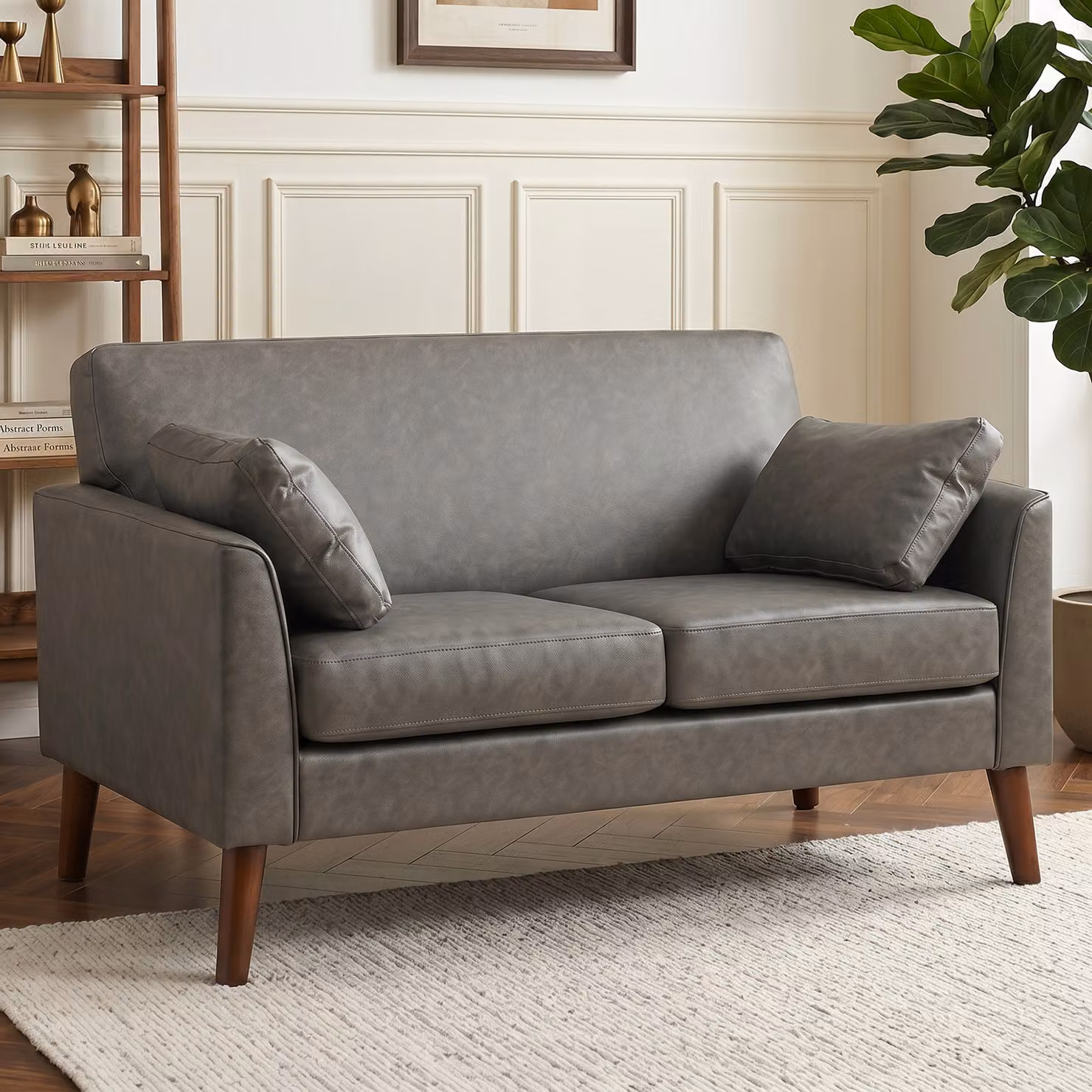 HOMCOM 2 Seater Modern Small Sofa in Grey with Synthetic Leather Upholstery and Solid Wood Legs, W: 132 cm – 2