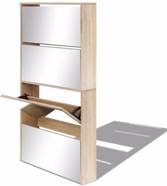Berkfield Home 4-Layer Mirror Shoe Cabinet in Light Oak, W: 63 cm, D: 17 cm, H: 134 cm