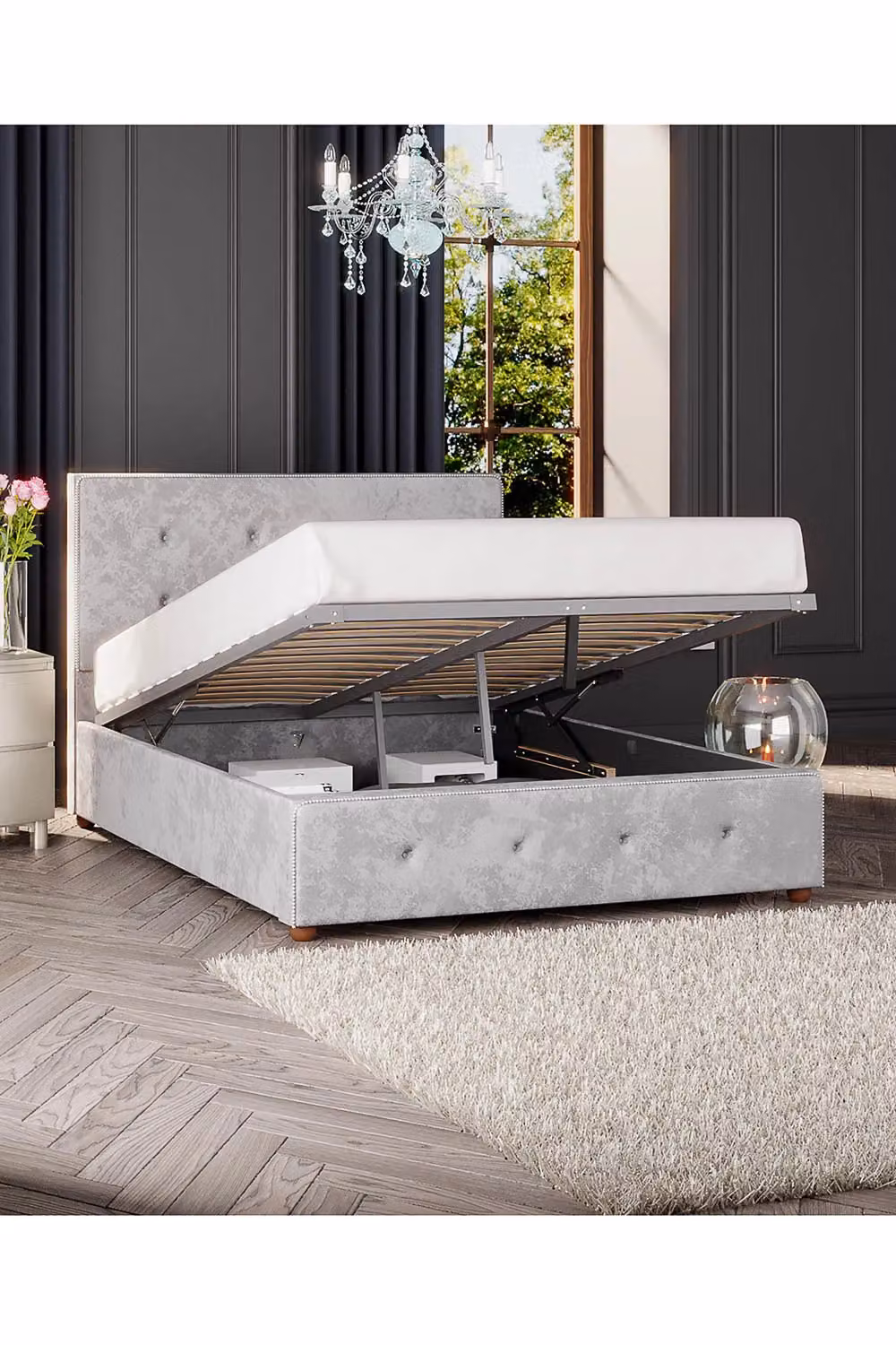 Laurence Llewelyn-Bowen Hesper Ottoman Storage Bed in Silver Mirazzi Velvet Fabric, Double W/D/H: 140 x 200 cm – 2