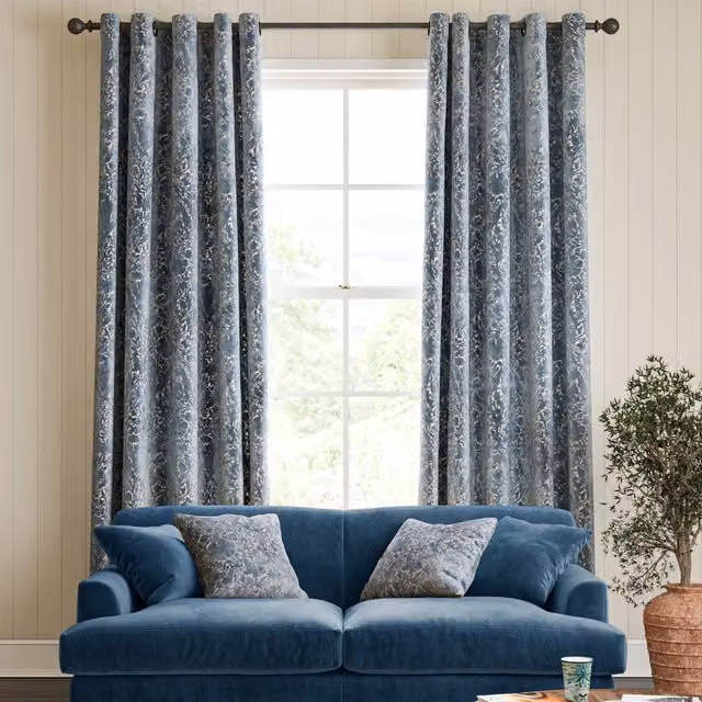 William Morris Compton Silhouette Made To Measure Indigo Blue Floral Velvet Eyelet Curtains