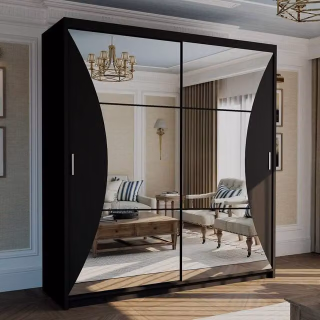 MN Furniture Canberra Sliding Wardrobe with Mirror and LED Lighting, Black, W: 203 cm, H: 217 cm – 1
