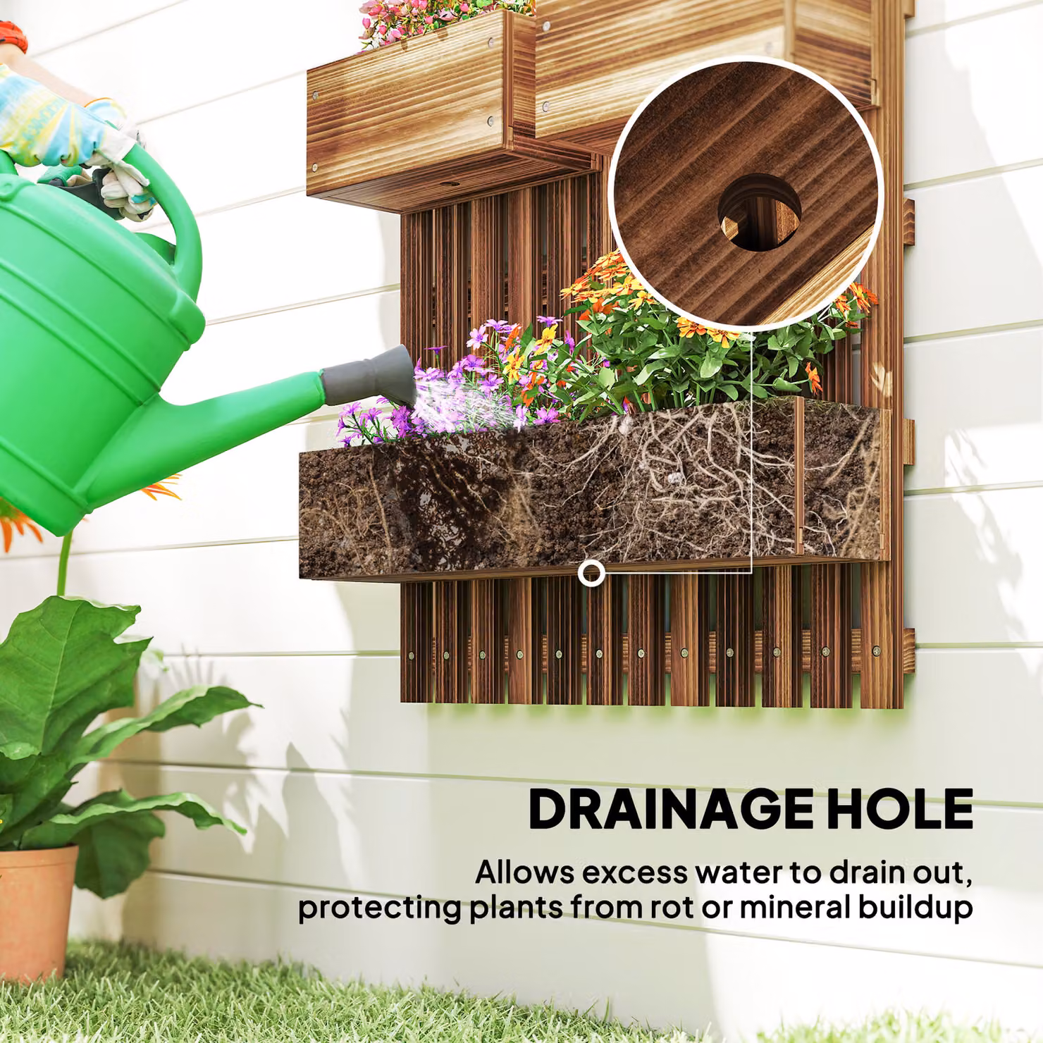 Outsunny Set of 2 Brown Carbonised Wooden Wall-mounted Garden Planters with Trellis and Movable Planter Boxes – 5