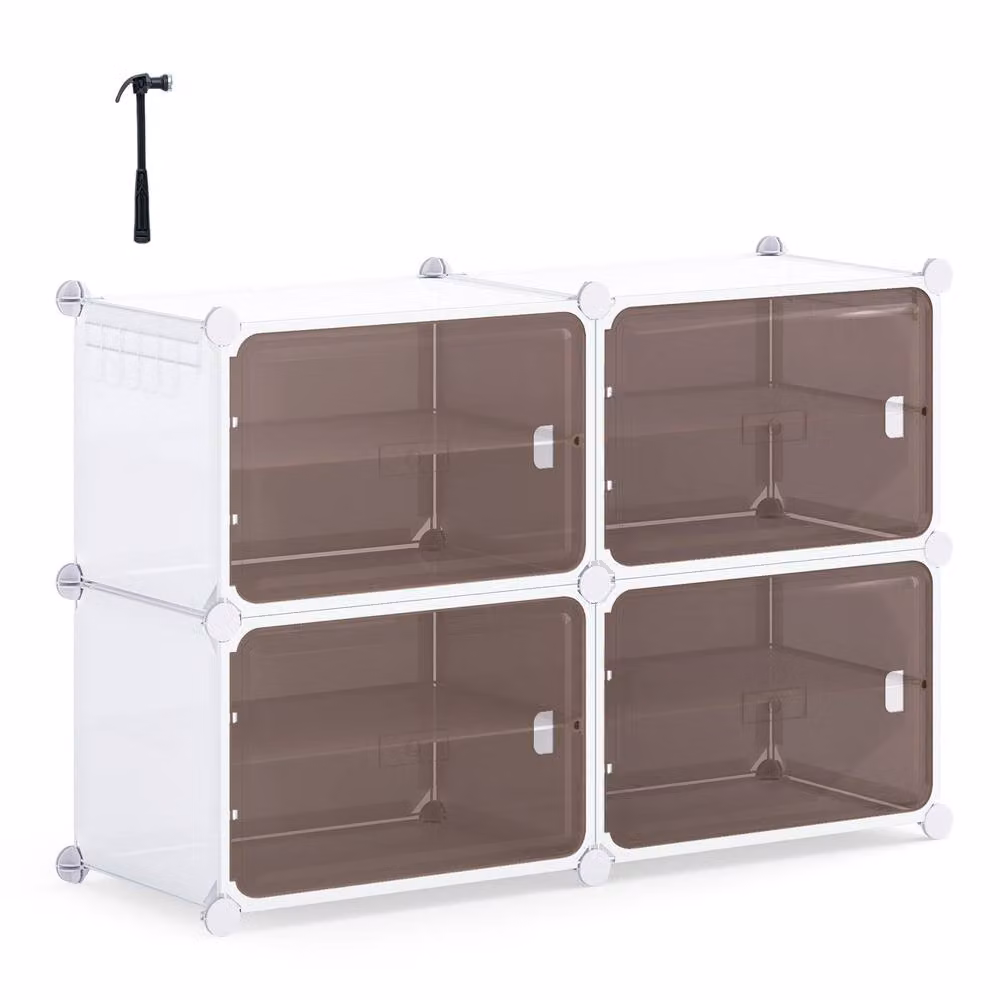 Gymax 4-Tier White Plastic Shoe Cabinet with Hinged Doors and 16 Pair Capacity – 4