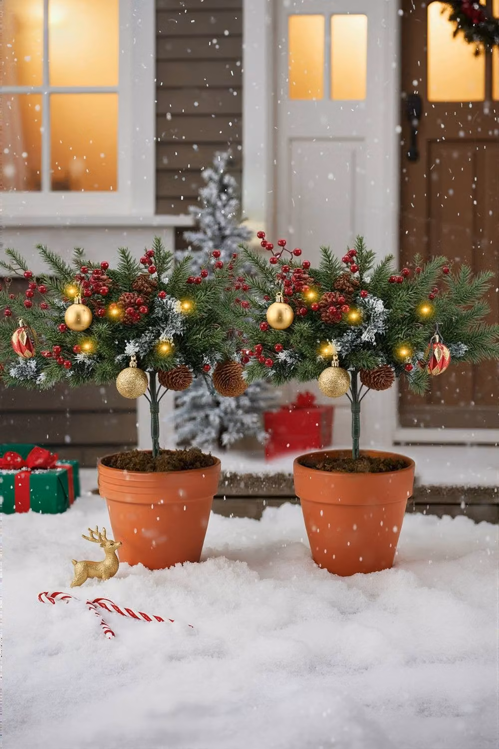 Living and Home 2pcs Pre-Lit Artificial Christmas Planter Bushes in Green, White and Multicolour – 2