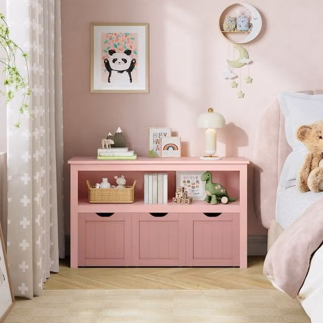 VASAGLE Pink Toy Storage Cabinet for Kids with Wheels and Adjustable Shelves