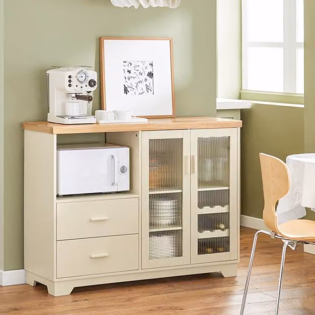 SoBuy Modern Kitchen Sideboard with Glass Doors and Wine Rack in Beige – 1