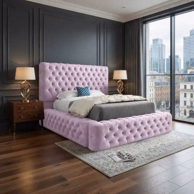 KDMD Littleton Pink Velvet Upholstered Chesterfield Bed Frame, W/D/H: 140 x 175 x 137 cm