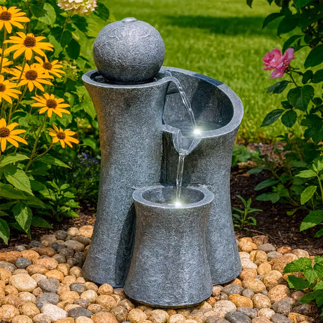 GEEZY Ball Fountain LED Water Feature in Grey for Indoor and Outdoor Decor
