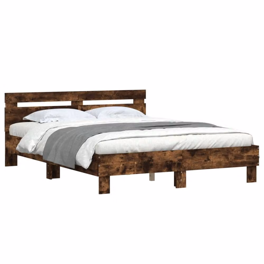 Berkfield Home Modern King Size Bed Frame with LED Under-Bed Lighting and USB Charging Port in Smoked Oak Brown, W: 150 cm, L: 200 cm – 3