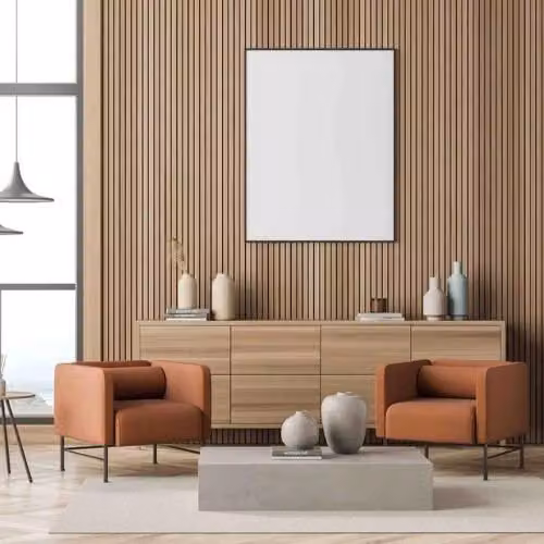 PBSL Group Slatted Acoustic Wood Wall Panel in Light Walnut, W: 60.0 cm, H: 240.0 cm, D: 2.2 cm