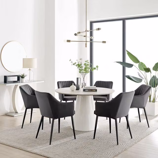 Furniturebox Palma Beige Stone Effect Round Dining Table and 6 Calla Black Leg Chairs Set