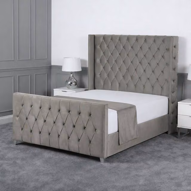 Living Comfort Bedz Seraphina Upholstered Velvet Gas Lift Storage Bed in Light Grey, W/D/H: 140 x 200 cm