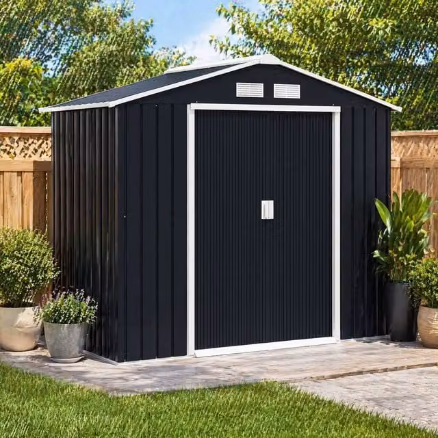 STILVORA Grey Steel Garden Shed with Lockable Double Doors, W/D/H: 213.36 x 121.92 x 185 cm