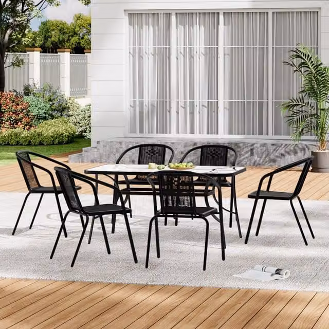 Livingandhome Modern Black Outdoor Bistro Set with Rectangular Glass Table and 7 Stacking Chairs