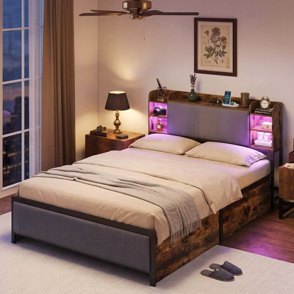 Costway Double Size Platform Bed Frame in Brown with LED Lights, USB Charging Port and Drawers, W/D/H: 140 x 200 cm – 6