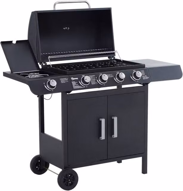 Rolipo 4+1 Burner Gas BBQ Grill Trolley with Cabinet and Side Burner in Black and Stainless Steel