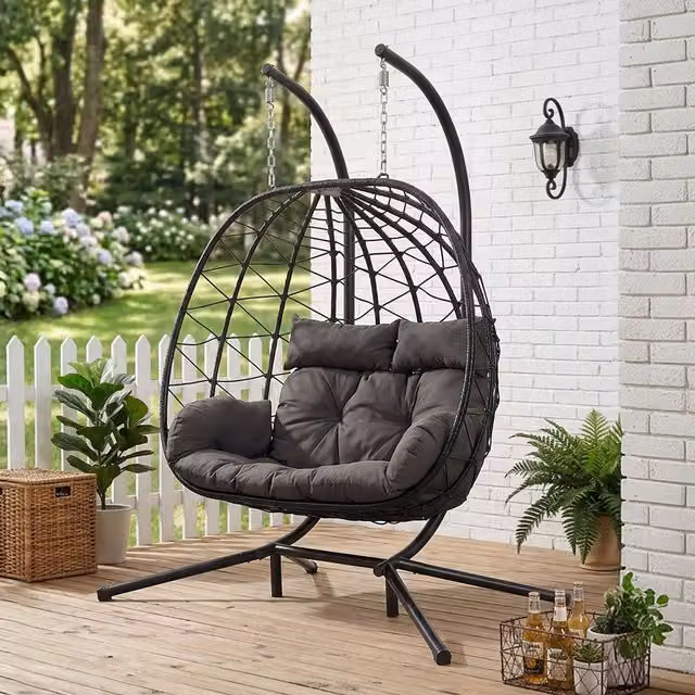 Darphe 2 Seater Black Polyrattan Garden Swing Hanging Egg Chair with Four Leg Base and Adjustable Headrest
