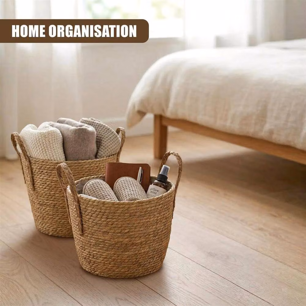 EONLION Set of 3 Round Seagrass Planter Baskets with Handles in Brown – 3