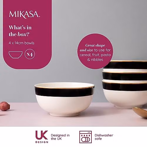 Mikasa Luxe Deco 4pc Bone China Cereal Bowl Set in White, Black and Gold with Geometric Design, Diameter: 14 cm – 2
