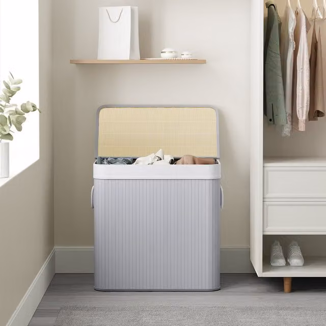 SONGMICS 150L Laundry Hamper Basket with 3 Sections and Lid, Grey