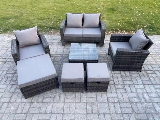 Fimous Rattan Wicker Garden Furniture Set in Dark Grey with 2 Seater Sofa, Armchair, Square Coffee Table and 3 Footstools
