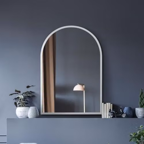 MirrorOutlet The Arcus Modern Arched Wall Mirror with White Metal Frame, W: 100 cm, H: 70 cm, D: 3 cm